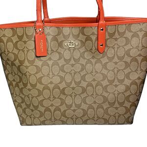 Coach Reversible City Tote Signature Canvas Orange w/ Zip Pouch FAIR cond. AS-IS